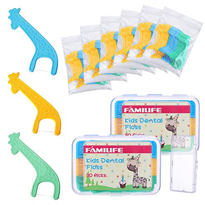FAMILIFE Kid's Dental Floss Picks, Unflavored Tooth Pick Flossers Children with Portable Travel Cases Refills Pack, 204 Pcs - color: Giraffe 204 Pcs