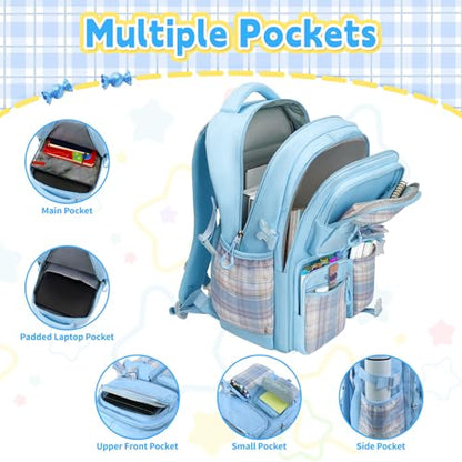 Girls Backpack with Lunch Box Set, 5pc Blue Cute Kawaii Bookbag for Teens, Aesthetic School Backpack for Elementary - color: Blue