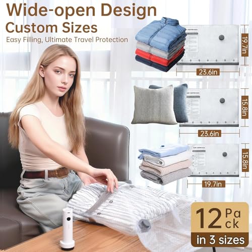 Travel Vacuum Bags for Clothing with Rechargeable Electric Pump - Portable Space Saver Bags for Travel & Home - Vacuum Compression Packing Seal for Clothes, Blankets, Seasonal Storage 12 Combo Set - size: 12 Combo Travel Bag + Pump