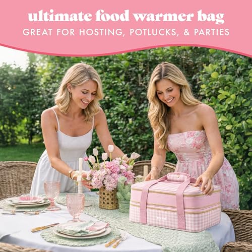 Fit & Fresh Insulated Casserole Carrier - Double Decker Food Carrier Fits Two 9x13 Dishes, Expandable Hot & Cold Food Transport Bag with Zipper Pocket for Potluck, Easter & Travel, Pink Gingham - color: Pink Gingham