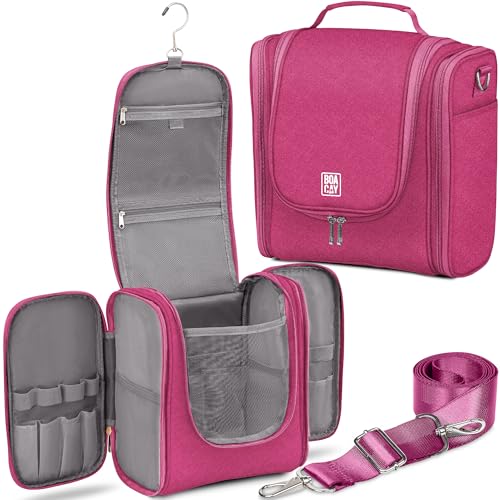 BOACAY Extra Large Hanging Travel Toiletry Bag for Women and Men, Makeup Bag, Bathroom & Shower Organizer Kit for Accessories, Cosmetics, Essentials - color: (X-Large) Cerise Pink - Gray Interior