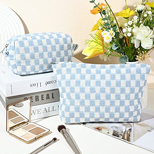 SOIDRAM 2 Pieces Makeup Bag Large Checkered Cosmetic Bag Capacity Canvas Mix Travel Toiletry Bag Organizer Cute Makeup Brushes Aesthetic Accessories Storage Bag for Women, Checkered Mix Blue - color: Blue