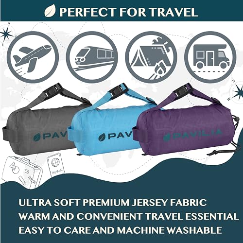 PAVILIA Travel Blanket Airplane Compact with Bag, Lightweight Soft Fleece Plane Blanket Long Flights, Camping Road Trips, Packable Travel Gift Essentials with Luggage Backpack Strap, 65x40, Teal Blue - color: Teal Blue