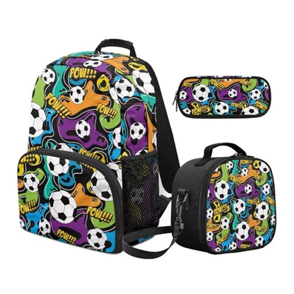 Kids Boys School Backpacks Set,Football Schoolbag Matching Combo for Preschool Primary, Lightweight Bookbag, Lunch Box Bundle and Pen Case Set - color: Football -1