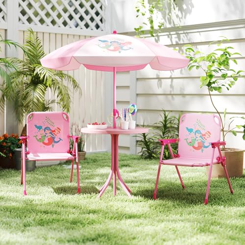 HONEY JOY Kids Picnic Table, Animal Themed Toddler Outdoor Table and Chair Set, 2 Folding Chairs & Removable Umbrella, Children Outdoor Furniture for Backyard Patio Garden (Pink Mermaid) - color: Pink Mermaid