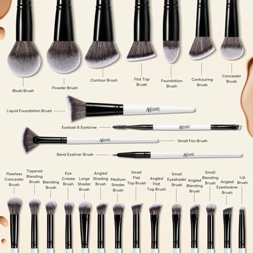 25PCS Makeup Brushes Set with Travel Case, Professional Makeup Brush Kit for Foundation, Concealer, Powder, Eyeshadow & Blush, Essential Cosmetic Tools, Portable Travel Gift Set (White) - color: 25 PCS-White