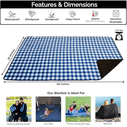 BRAWNTIDE Large Waterproof Outdoor Blanket, Extra Thick Fleece, Warm, Windproof & Sandproof, Quilted Stadium Blanket for Sports Events, Beach, Camping, Picnics, Dogs & Car, 82" x 55 - color: Plaid Blue