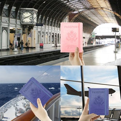 Passport Cover 2 Pack, Waterproof Leather Wallet - Dark Purple and Pink - Men, Women, Family Travel Essentials - color: Dark Purple+Pink