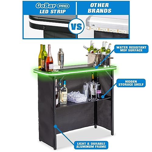 GoBar Portable Bar Table for Events - Black, 3 Skirts, or LED - Pop Up Mobile Bartending Station with Travel Carrying Case - color: Led Black Skirt