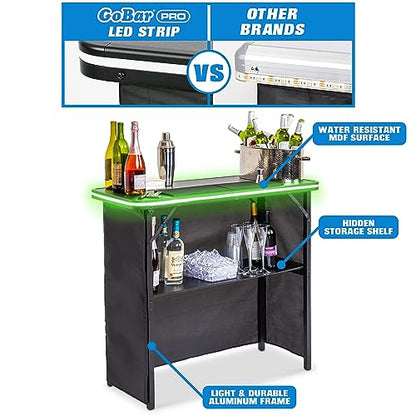GoBar Portable Bar Table for Events - Black, 3 Skirts, or LED - Pop Up Mobile Bartending Station with Travel Carrying Case - color: Led Black Skirt