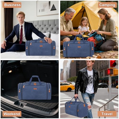 Canvas Mens Duffle Bag for Travel - Expandable 50L Weekender Bags with Toiletry Bag, Overnight Bag Travel Duffel Carry On Luggage with Removable Shoulder Strap, Durable & Water-Resistant - color: 6-Navy Blue