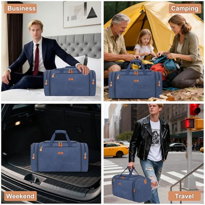 Canvas Mens Duffle Bag for Travel - Expandable 50L Weekender Bags with Toiletry Bag, Overnight Bag Travel Duffel Carry On Luggage with Removable Shoulder Strap, Durable & Water-Resistant - color: 6-Navy Blue
