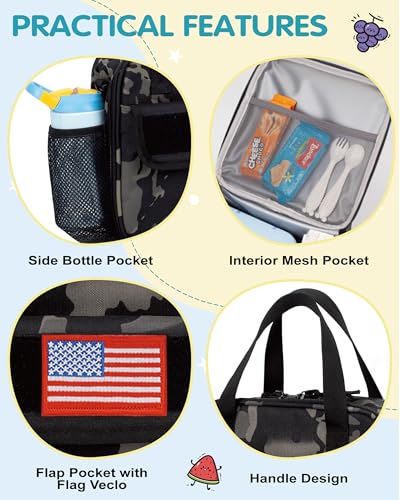 Tactical-style Lunch Bag 5L Kids Lunch Bag with Adjustable Shoulder Strap Easy to Clean Leakproof Wipeable liner Toddler Lunch Box Bag for Boys Girls School and Daycare - color: Black Camo