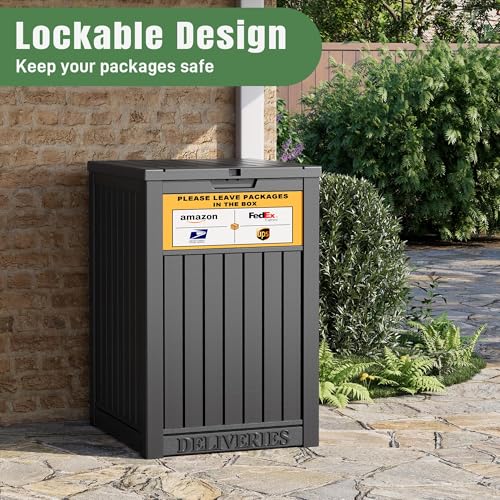 Package Delivery Box for Outside with Sign, Secure Lockable Waterproof Package Delivery Container, Resin Deck Box for Porch & Garden, Classic Black - color: 021 Classic Black