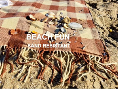 Picnic Blanket Extra Large Waterproof with Strap 59"x79" - Machine Washable Tassels Faux Wool Cashmere for Park, Grass, Camping, Hiking, Concerts (Latte with white shoulder strap, 59"X79") - color: Latte With White Shoulder Strap