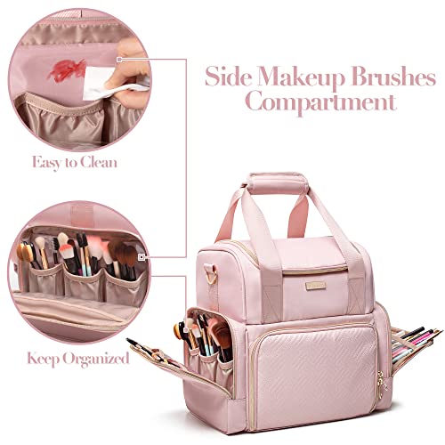 Large Makeup Cosmetic Bag with 3 Removable Case, Double Layer Travel Makeup Organizer Case with Inner Dividers and Makeup Brushes Storage Section, Pink (Patented Design) - color: Pink