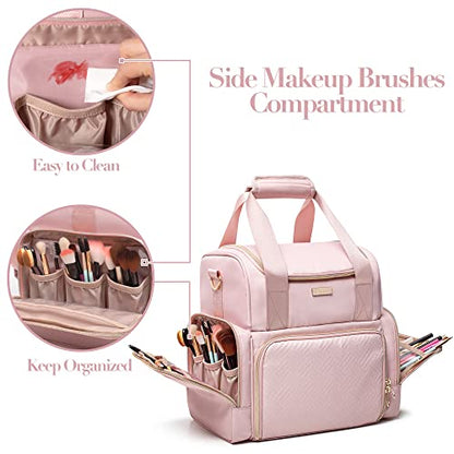 Large Makeup Cosmetic Bag with 3 Removable Case, Double Layer Travel Makeup Organizer Case with Inner Dividers and Makeup Brushes Storage Section, Pink (Patented Design) - color: Pink