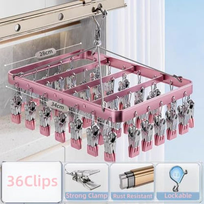 Pants Hangers Clothes Drying Racks Clip Hangers Metal with 36 Clips Windproof Underwear Hanger Foldable Laundry Clip for Jeans Yoga Leggings Trousers Socks Bras (Pink) - color: Pink