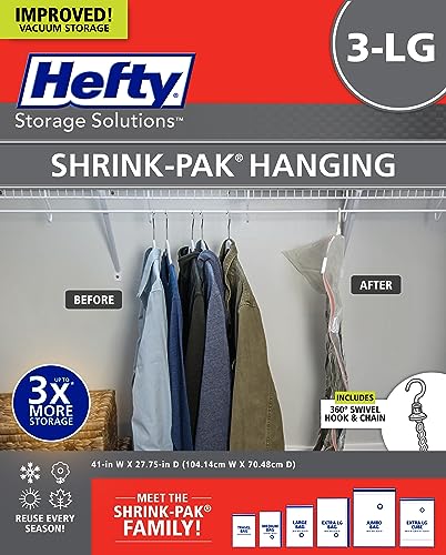 Hefty Shrink-Pak Vacuum Storage Bags - Space Saver for Under Bed Storage, Clothing and Comforters, 3X More Storage Space - 3 Large Hanging Bags - size: Large