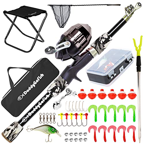 DaddyGoFish Kids Fishing Pole - Rod Reel Combo Tackle Box Starter Set - First Year Small Dock Gear Kit for Boys Girls Toddler Youth Age Beginner Little Children Junior Anglers - color: Black (Complete Set), size: 4ft