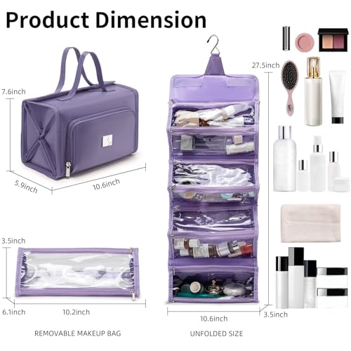 ROYALFAIR Roll Up Makeup Bag, Waterproof Toiletry Bag for Women, Hanging Travel Organizer bags with Jewelry Organizer Compartment, Extra Large 4 Clear TSA Approved Pouches Cosmetic Makeup (violet) - color: Purple