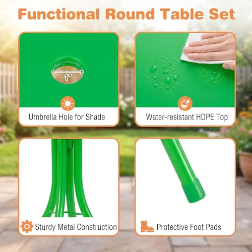 HONEY JOY Kids Picnic Table, Animal Themed Toddler Outdoor Table and Chair Set, 2 Folding Chairs & Removable Umbrella, Children Outdoor Furniture for Backyard Patio Garden (Green Lion) - color: Green Lion