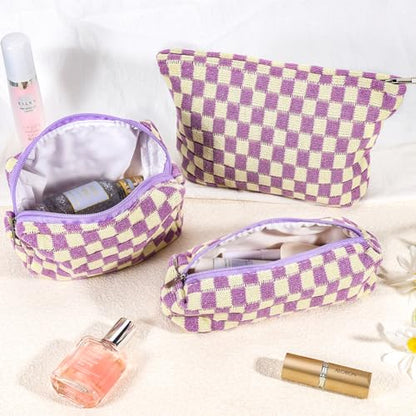 ZLFSRQ 3Pcs Checkered Makeup Bag for Women Large Small Checkered Cosmetic Bag Set Aesthetic Preppy Pencil Case Cute Pencil Pouch Purple Makeup Pouch for Purse Travel Toiletry Bags Zipper Skincare Bags - color: B-Checkered 3Pcs Mix Purple