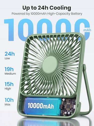 Warmco 10000mAh Portable Travel Fan 7-inch, Up to 24H Runtime, Ultra-thin Quiet Rechargeable Battery Operated Desk Fan with Digital Display for Camping, Office, Bedroom, Cruise Essentials - color: Sage Green