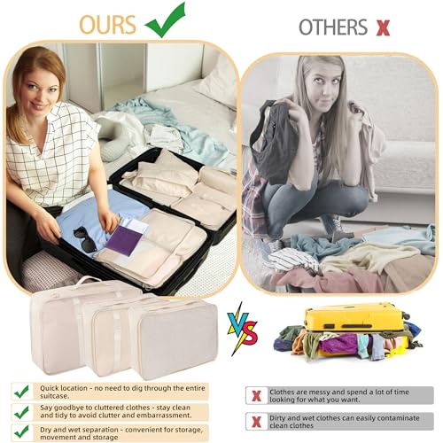 10 Pcs Set Packing Cubes - Travel Packing Organizers, Expandable Suitcase Organizer, Luggage Organizer Bags - color: BEIGE