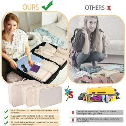 10 Pcs Set Packing Cubes - Travel Packing Organizers, Expandable Suitcase Organizer, Luggage Organizer Bags - color: BEIGE