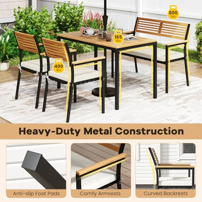 HAPPYGRILL 4-Piece Patio Dining Set, Outdoor Acacia Wood Metal Furniture with Rectangular Table, 2 Armchairs, 1 Loveseat, Removable Cushions, Umbrella Hole, for Poolside Backyard Garden