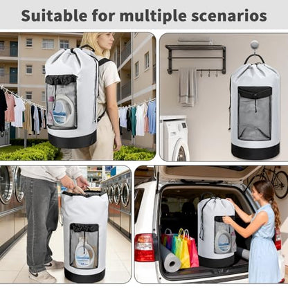 150L Laundry Bag Backpack with 3 Sizes Mesh Wash Bags and Shoulder Straps Foldable Clothes Hamper Bag with Drawstring Closure for College, Apartment, Laundromat(White) - color: White