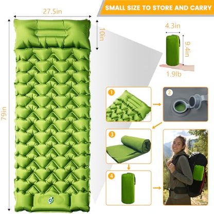 Ultralight Camping Sleeping Pad with Built-in Pillow & Foot Pump, Compact Inflatable Air Mattress for Backpacking, Hiking, Tent, Travel Camp & Outdoor Adventures - color: Green+grey