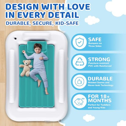 Inflatable Toddler Travel Bed - 60 Inches Portable Toddler Bed for Travel with Safety Sides - Cozy Kids Air Mattress Set with High-Speed Pump & Carry Case - Easy to Inflate(Teal Blue) - color: Teal Blue