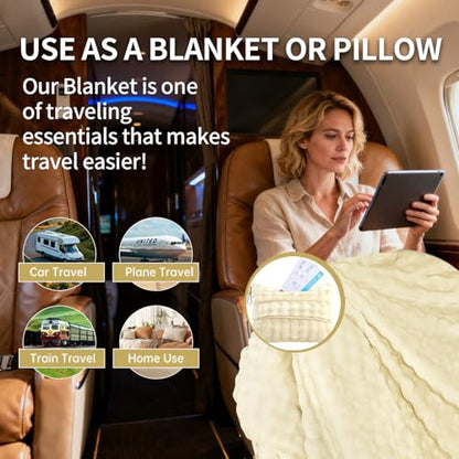 Travel Blanket and Pillow-2-in-1, Ultra-Soft&Compact, Airplane Blanket with Hand Luggage Belt and Backpack Clip,Travelers Accessories Gifts, 61x43 Inches（White） - color: White