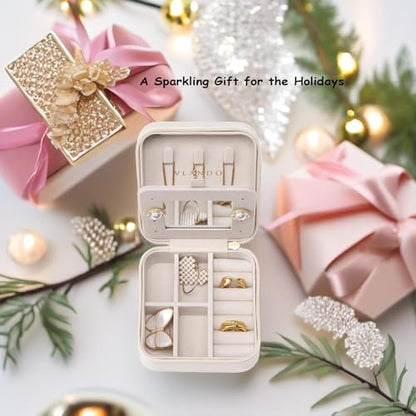 Vlando Small Travel Jewelry Box Organizer - Mirrored Carry-on Jewelries Necklaces Rings Earrings Necklace Storage Case, Beige - color: a. Beige