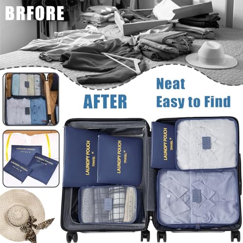 6 Set Packing Cubes for Travel Luggage Packing Bags Reusable Waterproof Suitcase Organizer Bags Set with Shoe Bag and Toiletry Bag (Navy Blue) - color: Navy Blue