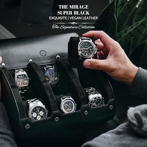 Black Watch Case for Men - 6-watch Roll Travel Case by Mirage - Super Black motif design - color: Super Black 6-watch case