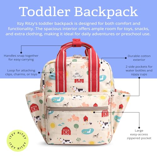 Itzy Ritzy Toddler Backpack - Daycare Bag - Features Adjustable Shoulder Straps, 2 Side Pockets & Spacious Interior with Wipeable Fabric Lining & Name Label, Farm Backpack - color: Farm
