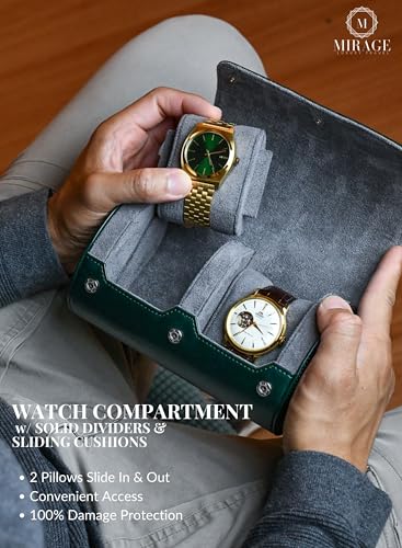 2 Watch Travel Case for Men- Watch Roll Holder and Display - Royal Green Swiss Motif Vegan Leather - color: Green - Royal