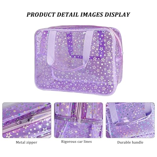 Clear Star Large Cosmetic Bag and Travel Pouch with Handle,Durable Material,Zipper Design-Ideal for Makeup,Travel Essentials (Purple+Shiny Star) - color: Purple+Shiny Star