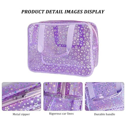 Clear Star Large Cosmetic Bag and Travel Pouch with Handle,Durable Material,Zipper Design-Ideal for Makeup,Travel Essentials (Purple+Shiny Star) - color: Purple+Shiny Star