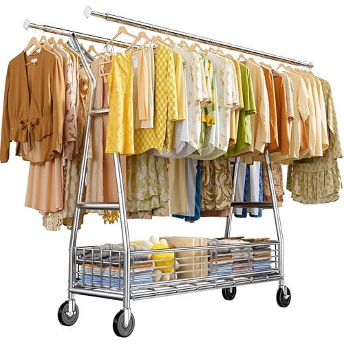 Raybee Clothes Rack, Extra Clothing Storage Organize, Y-Frame & Deep Basket | Heavy Duty, Large Capacity, Expandable Rods, Reinforced Deep Storage Basket, 360° Rolling Lockable Wheels, Easy Assembly - color: Chrome, style: Double Rods