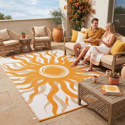 Garvee Outdoor Rug 9x12 Waterproof Patio Rugs with Boho Sun Pattern, Reversible Plastic Straw Camping Rugs Outdoor Indoor RV Mat Carpet for Deck, Backyard, Picnic, Porch, Balcony, Beach, Orange - color: Orange, size: 9' x 12' (Rectangular)