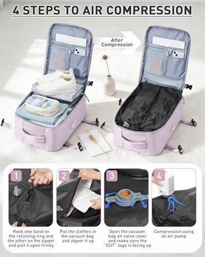 Vacuum Seal Backpack for Travel with Air Pump Compression Daypack Personal Item Carry on Flight Approved Vacpack Laptop Space Saver Bags Storage with Vacuum System Travel Bag Women Men LotusPink - color: A8-peachpink