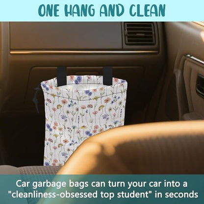 Car Garbage Bag Watercolor Wildflowers Drawstring Car Trash Bag Hanging for Back Seat with Adjustable Buckle Canvas Vehicle Trash Can Easy-to-Install - color: Watercolor Wildflowers