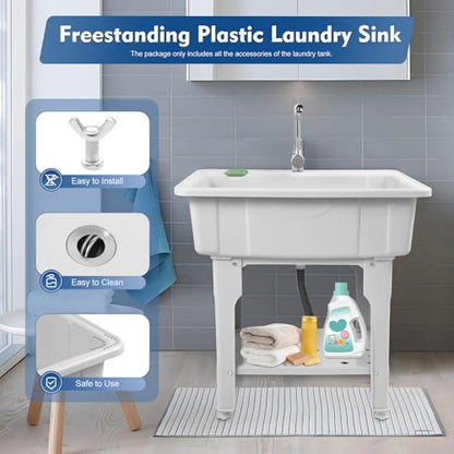Freestanding Home Laundry & Utility Sinks, Plastic Laundry Sink with Washboard & Faucet Drain Kit, Indoor/Outdoor Water Sink lavadero for Laundry, Basement, Garage (31.5"D X 22.05"W X 31.5"H)