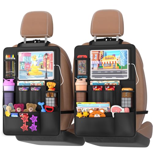 Backseat car Organizer with Touch Screen,2PACK of car organizer Kick Mats Back Seat Protector with 10pcs Storage Pockets,Car Seat Back Organizers Storage for Kids road trip essentials - style: 2PACK-Black
