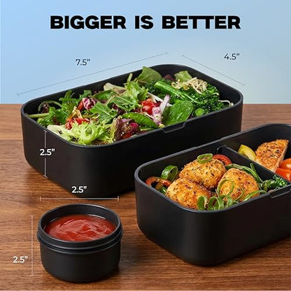KARRICO 68oz Bento Box Adult - Stackable Lunch Containers For Adults, Leak-Proof Mens Tupperware & Lunch Box Containers - Black Double Food Container, Meal Prep Office Lunchbox With Dividers