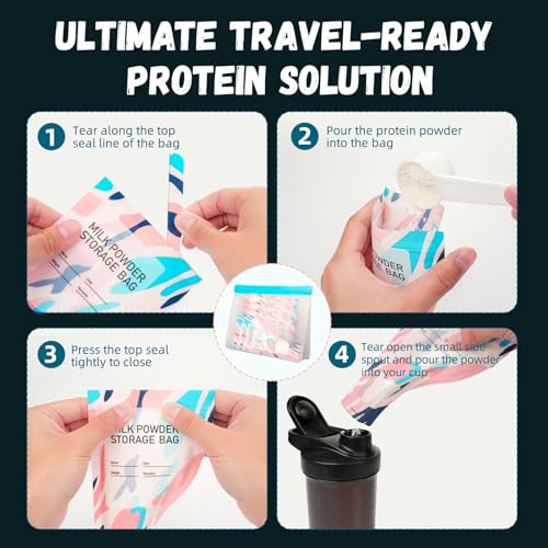 60PCS Disposable Powder Travel Size Containers with Scoop and Pouch, Single-Serve Powder Travel Container Bags for Protein, Supplements and Drink Mixes & Portable Powder Container to Go